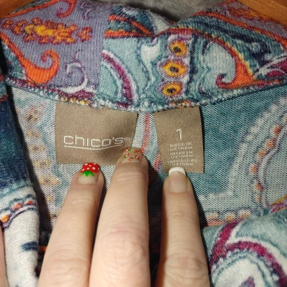 Chicos Womens‎ M Blue Orange Paisley Cowl Neck Top Boho Artcore Resort Vacation - Picture 3 of 9